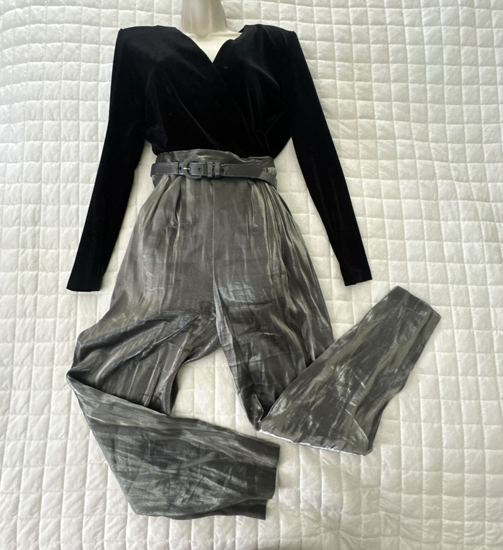 Vintage DJ Summers Jumpsuit Womens 8 Small Black Gray Shimmer 80s Disco Glam